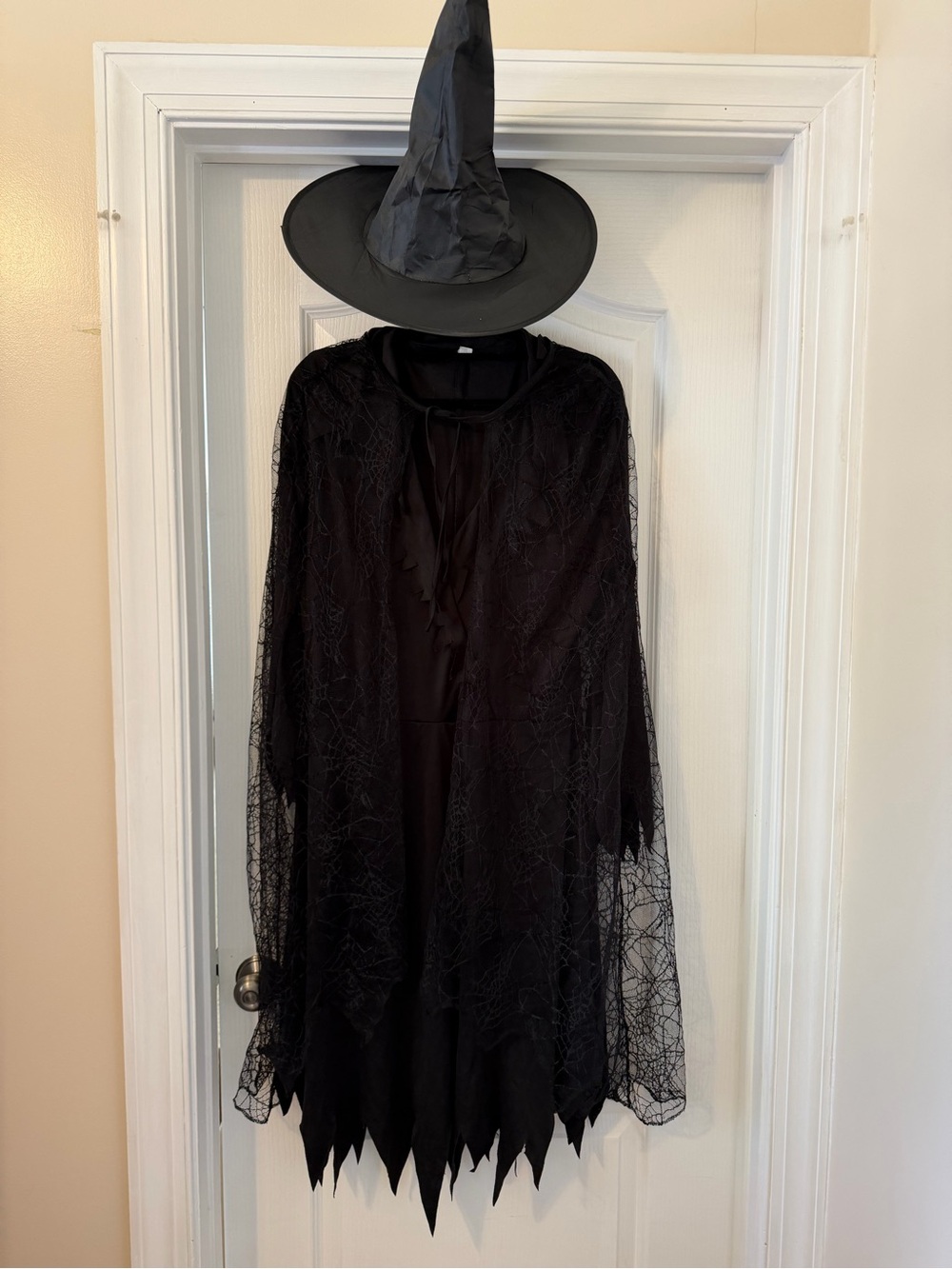 Woman’s plus size witch costume with Spiderweb Cape with Jagged Hem